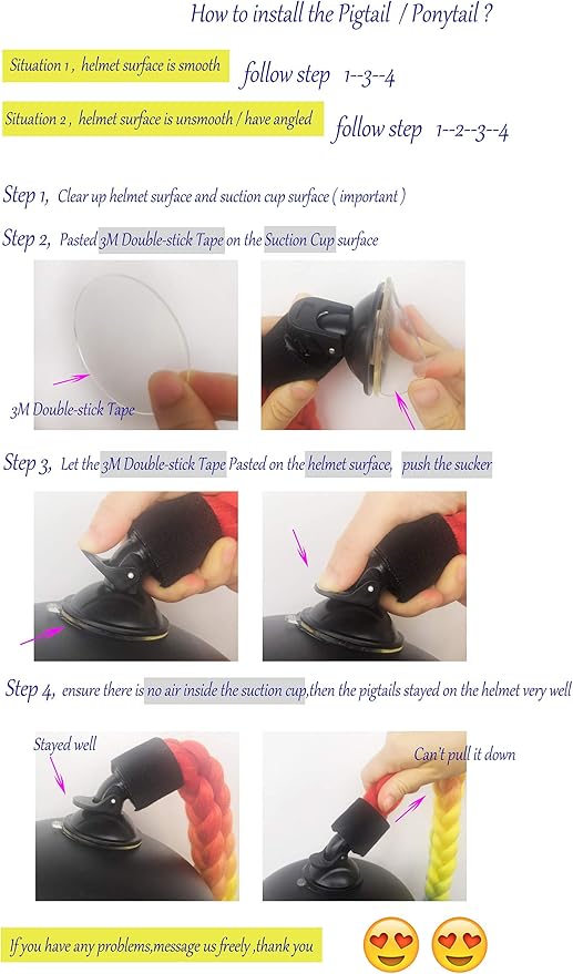 Helmet Pigtails Gradient Ramp Helmet Curly Ponytail Helmet Hair with Suction Cup for Motor Bike 2PCS Ombre Black to Deep Blue (Helmet not Included)