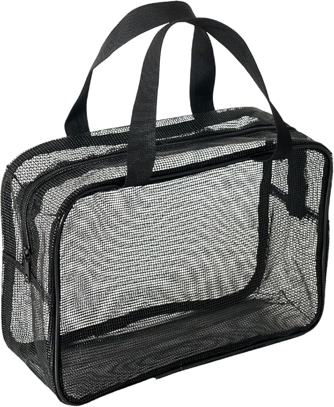 Black Mesh Shower Tote Bag - 12×8Inch Portable Quick-Dry Hanging Pouch for Bathroom, Gym, Camping, Toiletry Organizer