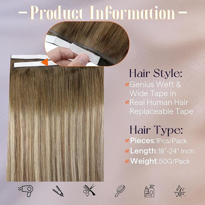 Full Shine Tape in Weft Hair Extensions Human Hair Color 3/8/22 Balayage Tape ins Exensions Long Weft Tape Seamless Extension 22Inch Silky Straight Wide Tape in Hair Extensions Natural 50G One Piece