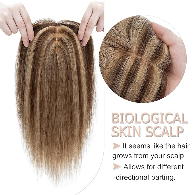 Hair Toppers for Women Real Human Hair No Bangs, 13 * 15 cm Larger Silk Base 150% Density Clip In Topper Hairpieces, Wiglet Top Pieces Add Volume /10 Inch 4P27 Medium Brown&Dark Blonde