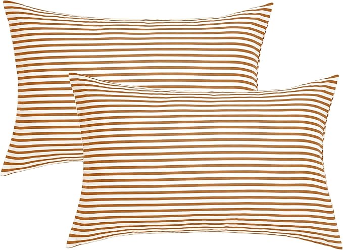 JELLYMONI 100% Natural Cotton Striped Queen Pillowcases Set, 2 Pack White and Rust Stripes Pattern Printed Pillow Covers with Envelope Closure(Pillows are not Included)
