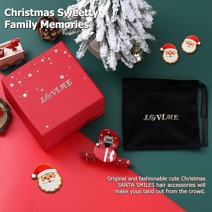 Premium Christmas Red Hair Clips for Women, Christmas Hair Claw Clips for Girls, Original Italian Designed Strong Hold No Slip Claw Clip with Gift Box SANTA SMILES-L