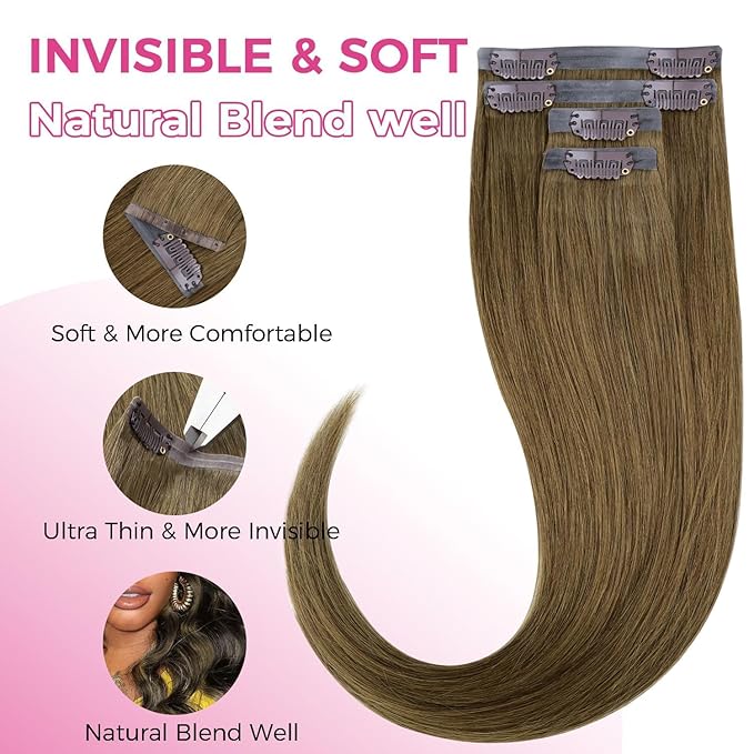 Lashey 4pcs 50g Medium Brown Seamless Clip in Hair Extensions Human Hair for Highlight Effect 22 Inch Long Straight Human Hair Clip in Extensions with Soft PU Wefts