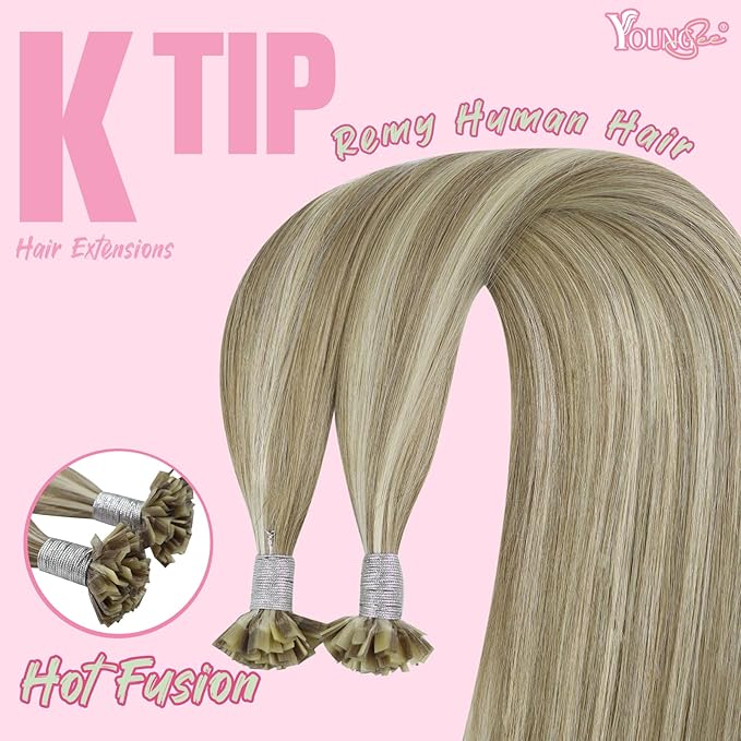YoungSee K Tip Hair Extensions Real Human Hair Light Brown K Tip Extensions for Women Light Brown Highlight Blonde Hair Extensions K Tip 22in Ktip Hair Extensions Remy Human Hair Straight 50s/50g