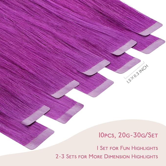 WENNALIFE Tape in Hair Extensions Human Hair Purple Tape in Extensions, 10pcs 25g 14 inch Remy Invisible Tape Ins Straight Colored Soft Real Human Hair Tape in Extensions Refill Set Extensions