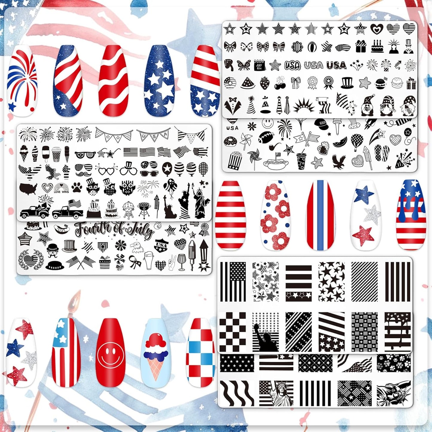 Whaline 6Pcs Patriotic Nail Plates Stamping Set USA Flag Star Stamp Templates 4th of July Nail Art Plates for Independence Day DIY Print Manicure Salon Design