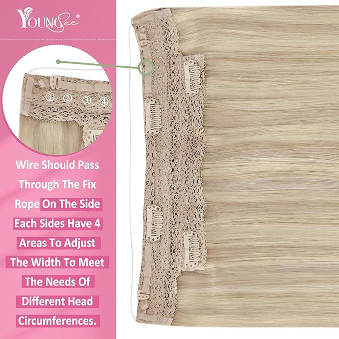 YoungSee Invisible Wire Hair Extensions Blonde Highlight Hair Extensions Wire Ash Blonde Highlights Bleach Blond One Piece Hair Extensions Real Human Hair Thick Remy Hair 20In 100g
