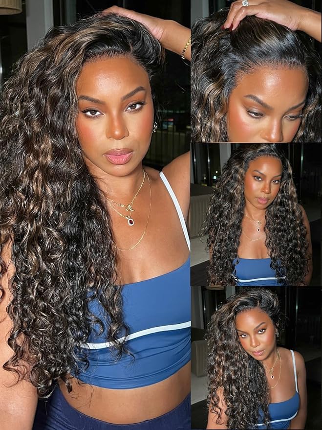 KLAIYI Golden Brown Water Wave Bye Bye Knots Glueless Wig Human Hair Highlight 7x5 Precut Lace Front Pre Plucked Bleached Ombre 3S Ready to Wear Go Beginners Wig with Dark Roots Deep Curly Wave 22Inch