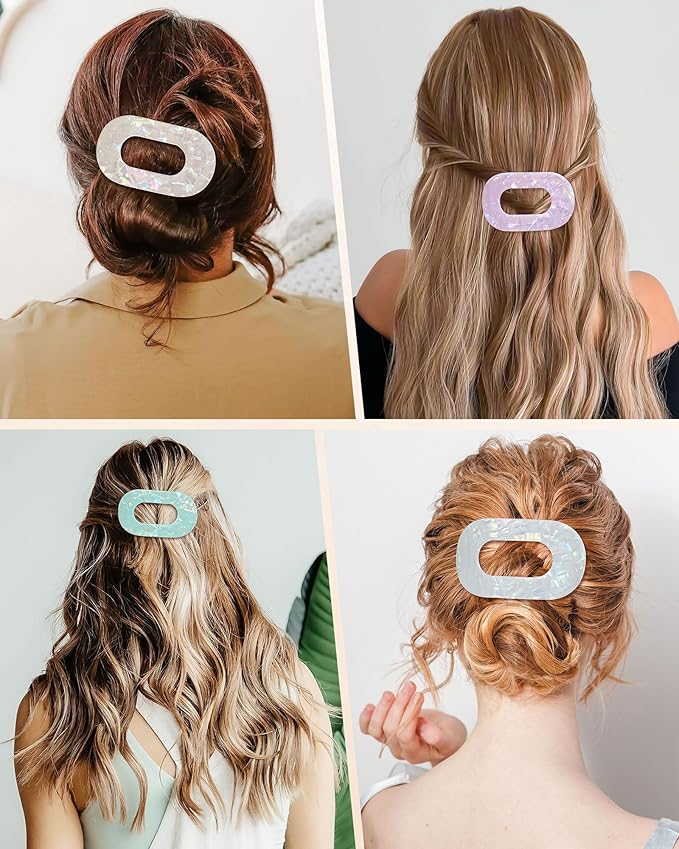 Mesovor 4 Pack French Flat Hair Clips for Women, 3.74" Nonslip Stylish Round Duckbill Lay Flat Hair Claw | Side Slide Volume Flat Hairclips for Lying Down, Yoga, Driving (Mermaid Colorful)