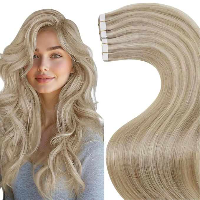 LaaVoo Tape in Human Hair Extensions 20 Inch Blonde Hair Extensions Tape in Dark Ash Blonde Highlighted with Light Blonde 20pcs 50g