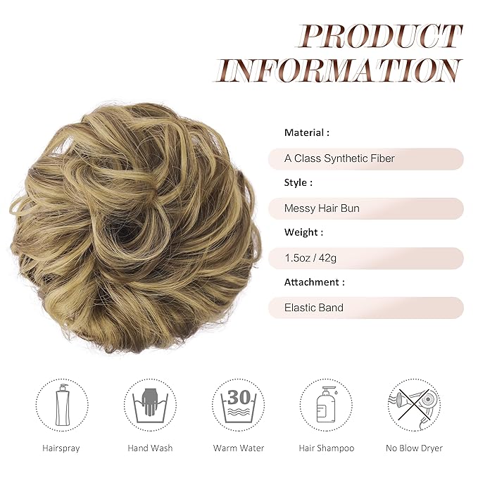 FESHFEN Messy Bun Hair Piece - Elastic Wavy Curly Hair Bun Scrunchies Extensions Synthetic Chignon Hairpieces for Women, Ash Brown & Blonde 1.5 oz