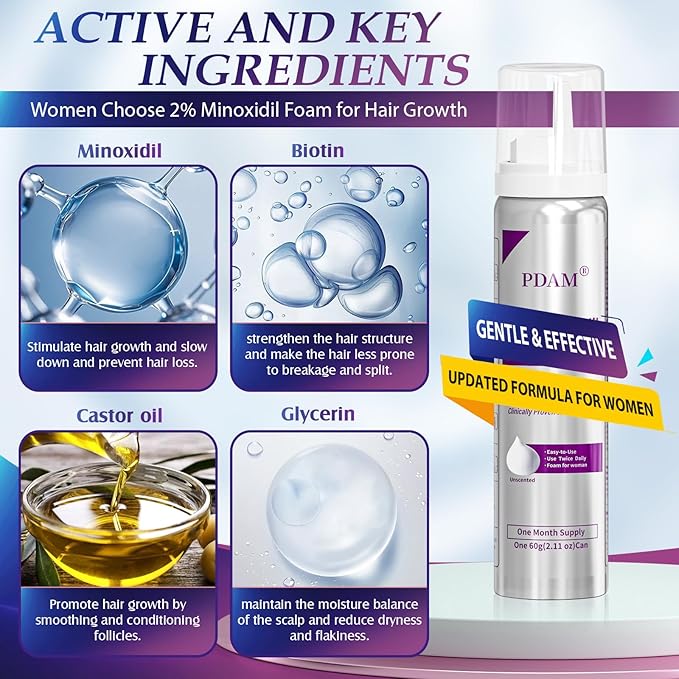 Minoxidil for Women Foam Hair Growth - Minoxidil Hair Regrowth Treatment for Women, Topical Solution Hair Loss Treatments, Thicker and Fuller Hair, 2-Month Supply, 2 x 2.11 oz
