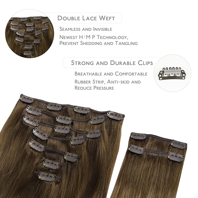 WENNALIFE Hair Extensions Clip In, 9pcs 24inch 150g Ombre Walnut Brown to Ash Brown and Bleach Blonde Real Human Remy Clip In Hair Extensions