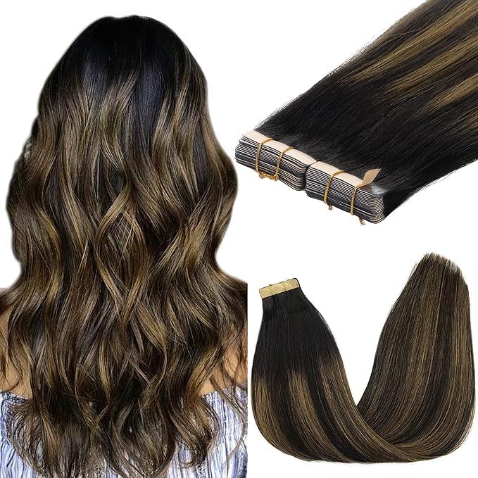 GOO GOO Tape in Hair Extensions Human Hair, 1B/6/1B Balayage Natural Black to Chestnut Brown, 18inch 100g 40pcs, Skin Weft Seamless Invisible, Silky Straight with Thick Ends, Remy Human Hair