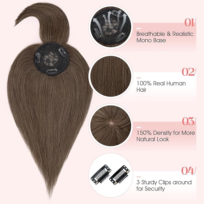 Hairro Mono Hair Toppers with Bangs, 3.4" x 3.4" Mono Base 100% Real Human Hairpieces for Women, 150% Density Clips In Topper for Greyish Thinning Hair, 16 Inch Cocoa Brown
