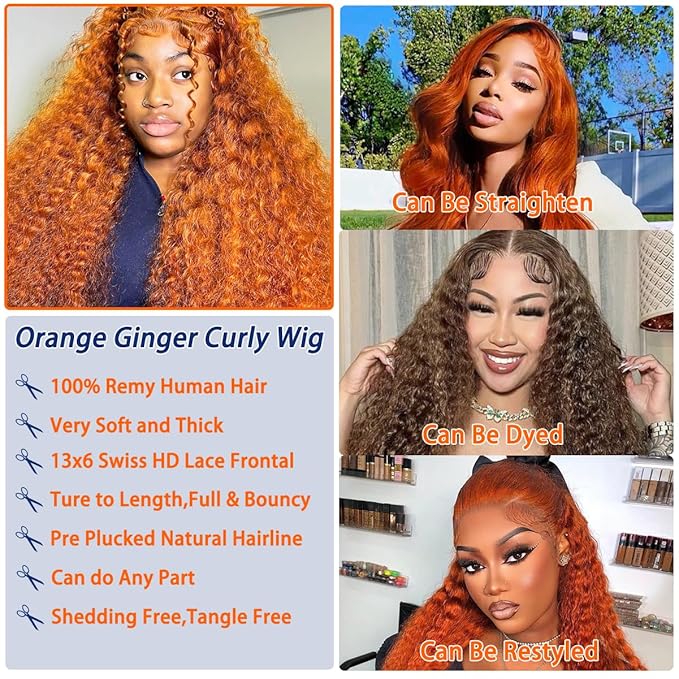 13x6 Ginger Orange Deep Wave Lace Front Wigs Human Hair Pre Plucked 210% Density Curly HD Lace Front Wig Human Hair 350 Ginger Wig Human Hair Glueless Wigs for Women 24Inch