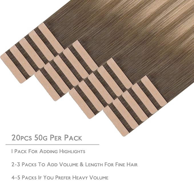 WENNALIFE Tape in Hair Extensions Human Hair, 20pcs 50g 16 inch Balayage Sandy Brown to Platinum Blonde Remy Hair Extensions for Women Tape Ins Straight Extensiones De Cabello Humano Skin Weft