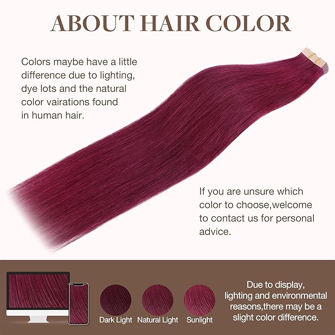 GOO GOO Tape in Hair Extensions Human Hair, Burgundy, 20inch 50g 20pcs, Skin Weft Seamless Invisible, Silky Straight with Thick Ends, Remy Human Hair