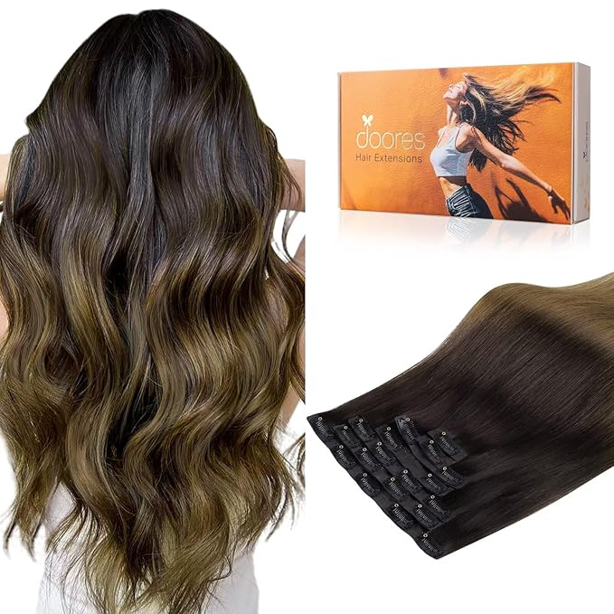 DOORES Seamless Clip in Hair Extensions Human Hair, Chocolate Dip Color Melt 7pcs 150g 20 Inch, Remy Hair Natural Straight Hair Thin Weft Hair invisible Edge