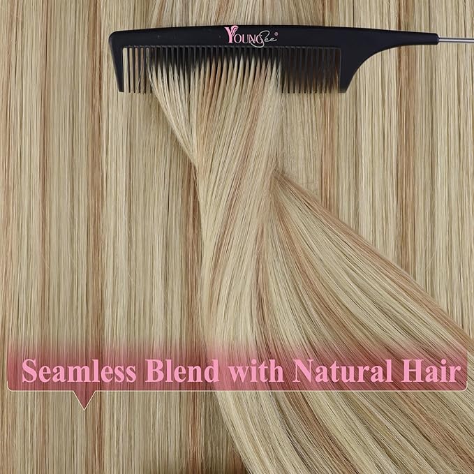 YoungSee Tape in Hair Extensions Human Hair Highlight Real Hair Tape in Extensions Highlight Light Blonde and Strawberry Blonde Tape-on Hair Extension Natural Straight Hair 22In 20pcs 50g