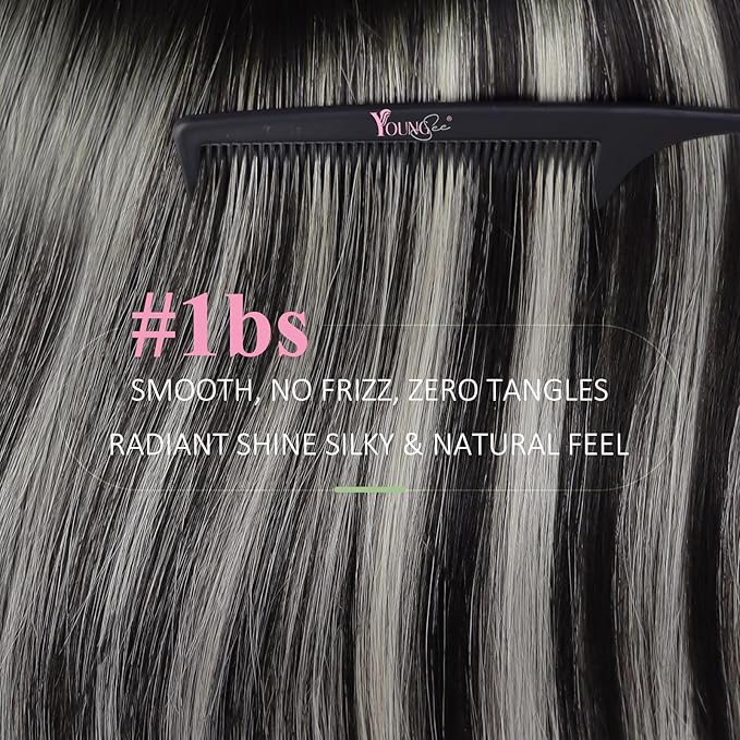 YoungSee Tape in Human Hair Extensions Ombre Black Tape Extensions Human Hair Off Black Ombre Sliver Balayage Tape-in Hair Extensions Real Human Hair 22 Inch 50g 20pcs Long Straight Hair