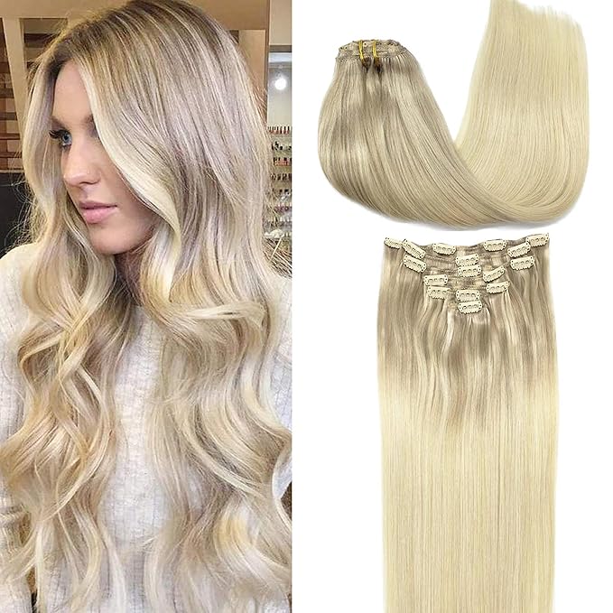 GOO GOO Clip in Hair Extensions Real Human Hair, Remy Human Hair Extensions Clip ins for Women, Natural Human Hair, 18inch 120g 7Pcs, Ash Blonde to Platinum Blonde