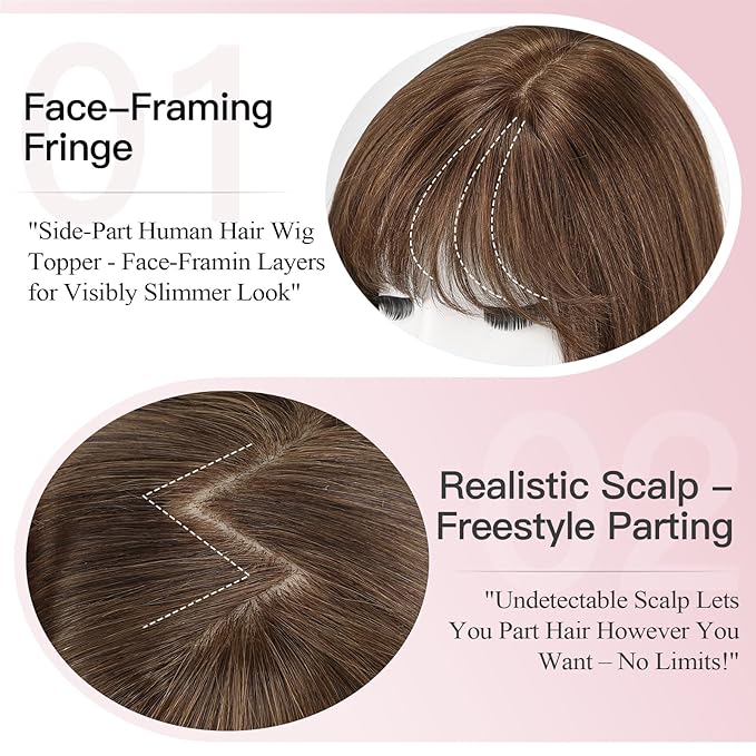 EMMOR 12 Inch Human Hair Topper for Women - Real Hair Topper with Bangs & 6.5" × 6.5" Larger Base, Natural Thin Hair Solution for Women(Brown)