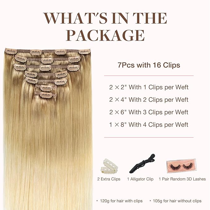 GOO GOO Clip in Hair Extensions Real Human Hair, Remy Human Hair Extensions Clip ins for Women, Natural Human Hair, 18inch 120g 7Pcs, #O7/60F