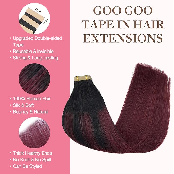 GOO GOO Tape in Hair Extensions Human Hair, 1/99 Balayage Jet Black to Red, 14inch 100g 40pcs, Skin Weft Seamless Invisible, Silky Straight with Thick Ends, Remy Human Hair