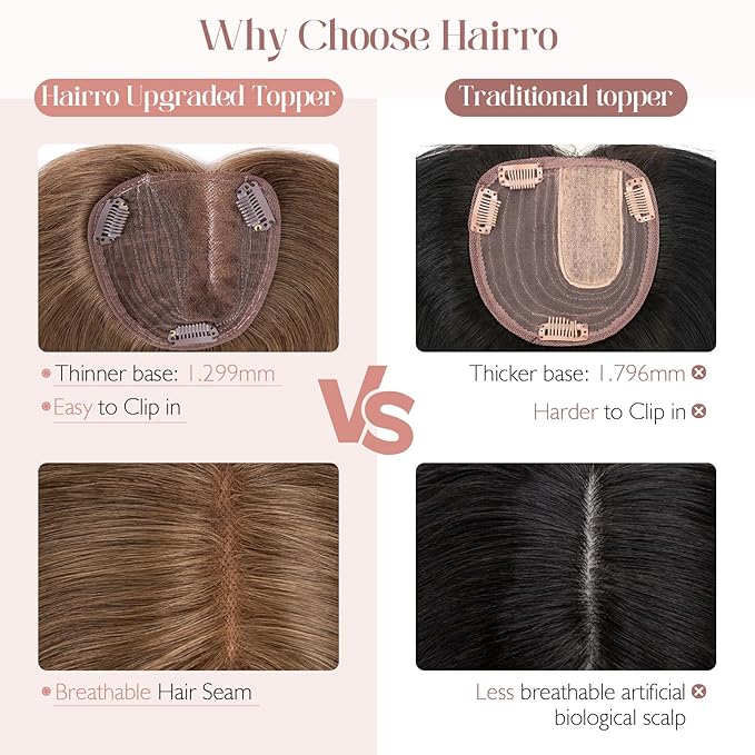 Hairro 100% Human Hair Topper No Bangs, Real Clip in Hair Hairpieces for Women, 3.94x4.72 Silk Base for Thinning Receding High Hairline, 12 Inch Dark Brown Side Part