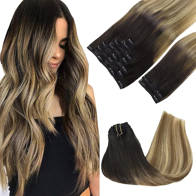 GOO GOO Clip in Hair Extensions Real Human Hair, Remy Human Hair Extensions Clip ins for Women, Natural Human Hair, 16inch 150g 9Pcs, 2/6/18 Balayage Brown to Dirty Blonde