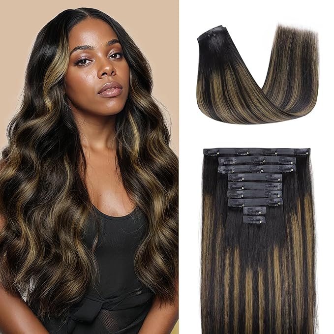 Lashey Seamless Clip in Hair Extensions Human Hair 150g 9pcs Straight Natural Black Mixed Chestnut Brown 22 Inch Human Hair Clip in Extensions