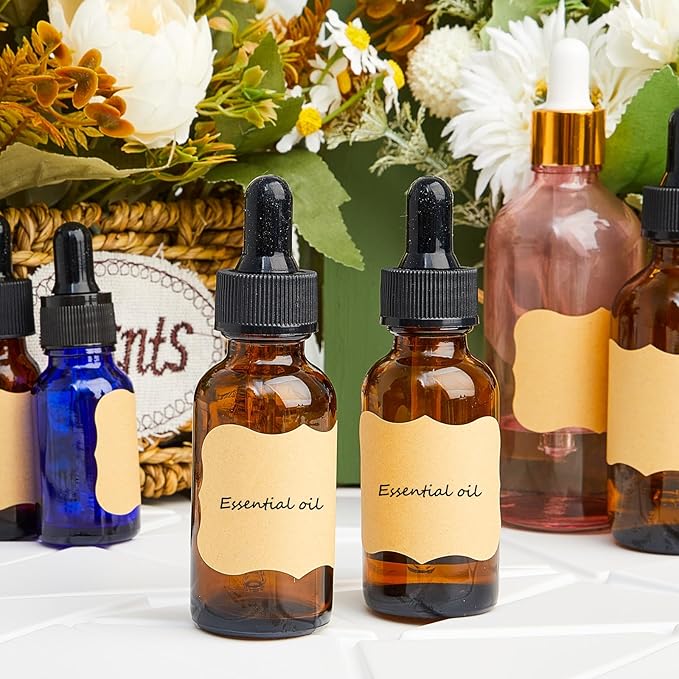 Lallisa 100 Pack Essential Oil Dropper Bottle 30 ml (1 oz) Glass Dropper Bottles DIY for DIY Essential Oil Perfume with 5 Funnels 5 Pipettes 3ml 100 Labels for Bathrooms, Hotels, Labs (Amber)