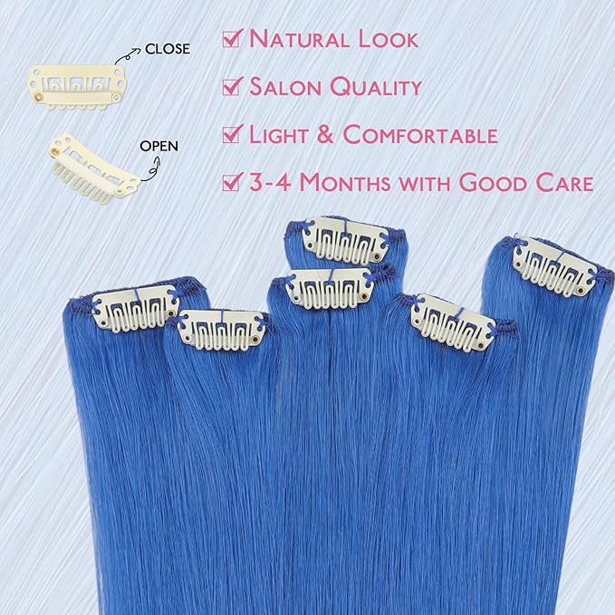 WENNALIFE Blue Clip in Hair Extensions Real Human Hair 35g 6pcs 22 Inch Colored Hair Extensions for Kids Women Colorful Hair Pieces Pop-up Style Straight Extensiones De Cabello Humano Con Clip