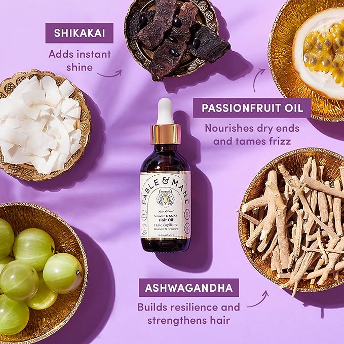 Fable and Mane MahaMane Smooth & Shine Hair Serum - Protective Oil Treatment for Dry, Damaged Hair. 1.8FL oz