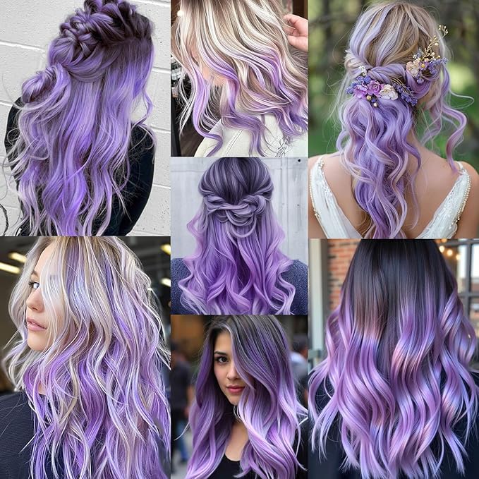 16 Pcs Colored Hair Extensions Curly Wavy Clip in Synthetic Hair Extensions,Colorful Party Highlights Hairpiece Streak for Girls Women Kids Cosplay Party Christmas Gift(Light Purple)