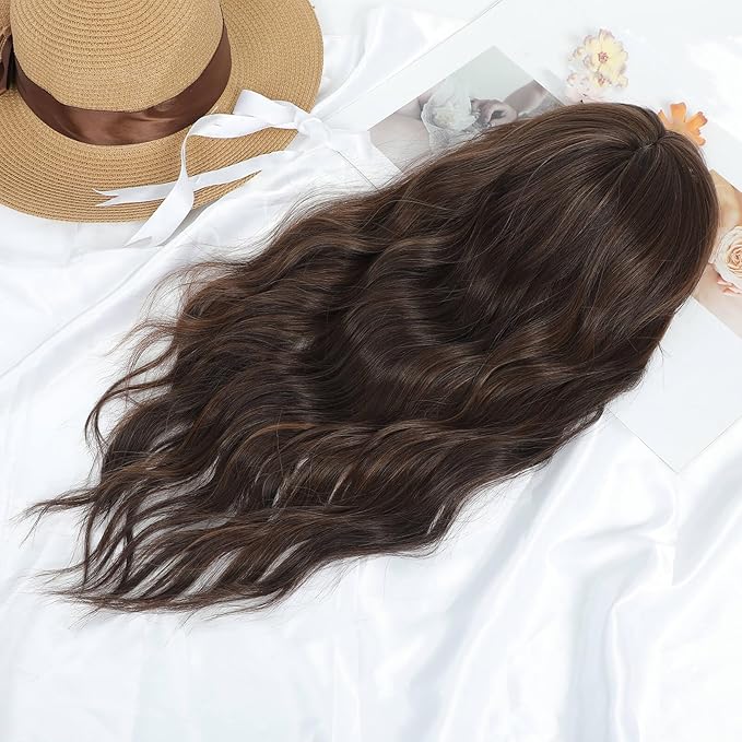 MORICHY Hair Toppers for Women Clip in Hair Topper with Bangs 20inch Medium Brown with Highlights Long Wavy Curly Synthetic HairPieces for Women