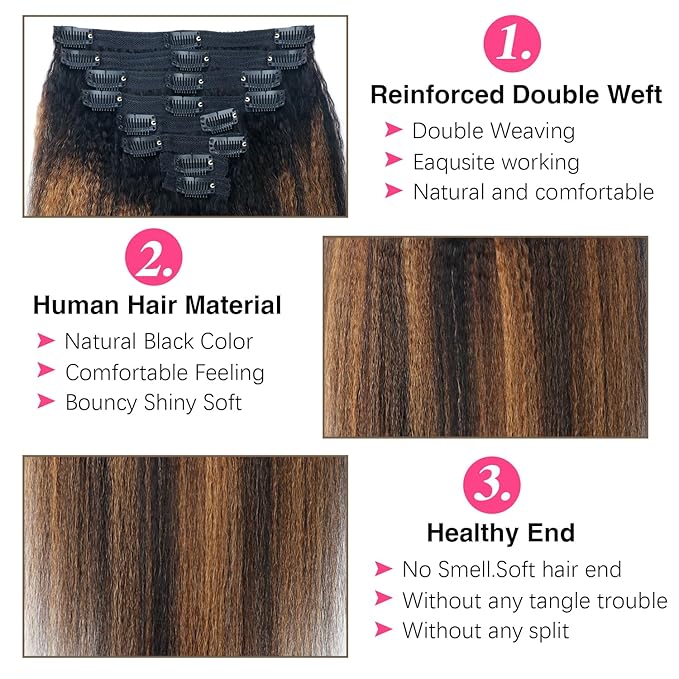 Kinky Straight Clip in Hair Extensions Real Human Hair For Women Highlight Hair Extensions Kinky Straight Clip ins (14inch,T1BP1B/30)