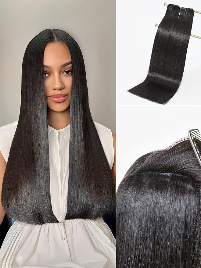 LUVME Invisible Clip in Hair Extensions, Silky Straight 24 Inch 2 Pack 220g 12pcs Human Hair Invisible Clip ins Hair Extensions Natural Black Hair for Women