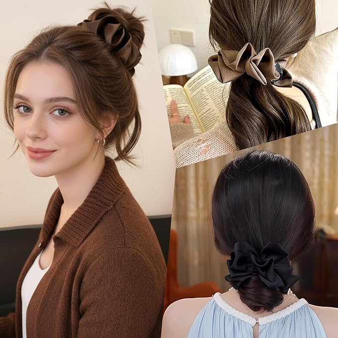 3 Pack Matte Satin Ruffled Hair Claw Clips, Pleated Scrunchie Ponytail Holder for Women, Non-Slip Bun Cuff Clamp, French Style Elegant Hair Accessories (Black, Brown, Khaki)