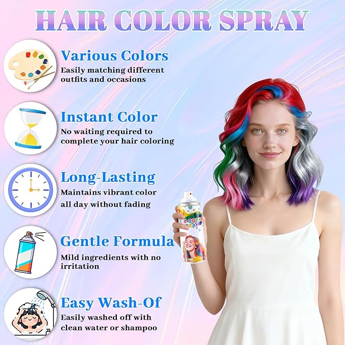 6 PCS Red&Blue&Purple&Pink&Silver&Green Temporary Hair Color Spray,Non-Stick Hairspray for Kids Girls Women Men,One-day Washable Hair Dye Spray for Party Halloween Cosplay DIY Christmas.