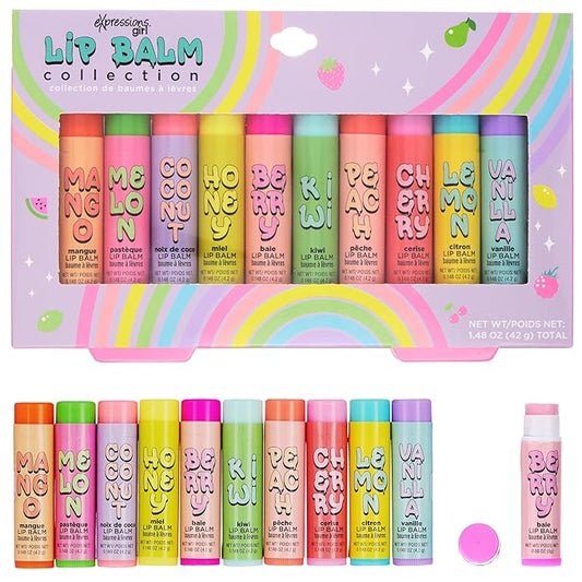 Expressions 10pc Fruity Lip Balm Collection - Hydrating Lip Balms Infused w/Fresh Fruity Flavors - Vitamin Enriched Nourishing Lip Balm Set