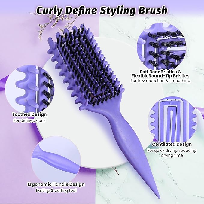 Curly Hair Brush Defining, Vented Curl Defining Brush for Effortlessly Detangling Shaping and Styling Women's Men's Curls on All Wet or Dry Hair Types, Reduces Frizz (Purple)