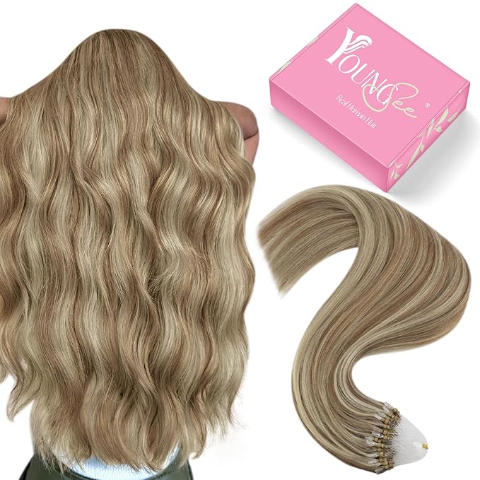 YoungSee Micro Link Hair Extensions Human Hair Highlight Micro Loop Hair Extensions Real Human Hair Light Brown Highlights Blonde Microbead Hair Extension for Adding Hair Volume 18 Inch 50s 50g
