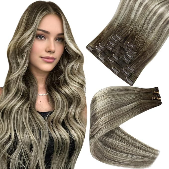 Full Shine Short Hair Extension Clip ins Brown Ombre Hair Clip in Extensions with PU Weft Ash Brown Balayage Blonde Remy Hair for Women 12 Inch 8 PCS 95 G