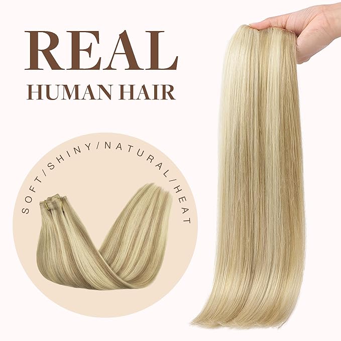 GOO GOO Clip in Hair Extensions Real Human Hair, Remy Human Hair Extensions Clip ins for Women, Natural Human Hair, 14inch 150g 9Pcs, #16/22 Light Blonde Highlighted Golden Blonde