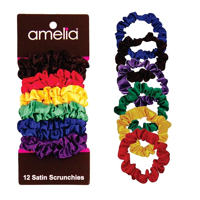 Amelia Beauty, Rainbow Mix Satin Small Scrunchies, 12-Pack – No Damage Hair Ties for Women, Gentle & Durable Hair Accessories, 2.5in x 0.5in