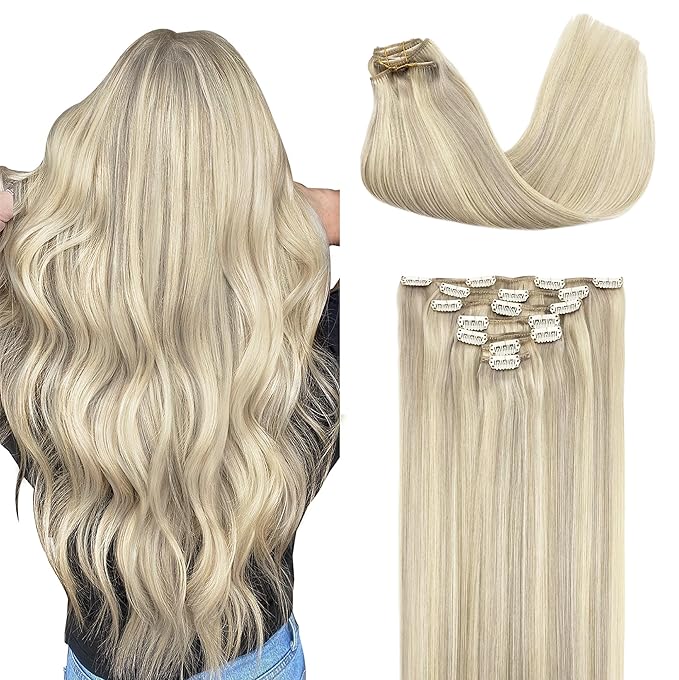 GOO GOO Clip in Hair Extensions Real Human Hair, Remy Human Hair Extensions Clip ins for Women, Natural Human Hair, 12inch 85g 7Pcs, #17A/60A Ash Blonde Highlighted Platinum Blonde