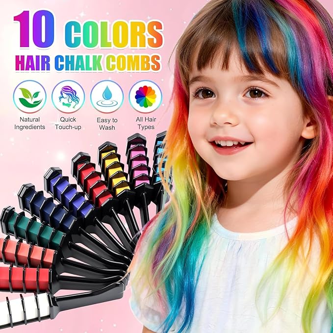 10 Colors Festive Fun Hair Chalk CombsInstant Hair Color Comb,Washable & Temporary Hair Color Dye for All Ages, Hair DIY Perfect for Birthday Party Christmas Gifts New Year