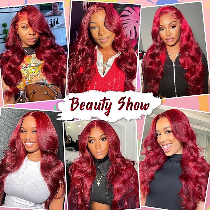 99J Burgundy Lace Front Wigs Human Hair 200% Density 13X4 Body Wave Lace Frontal Wigs for Women Glueless HD Red Wigs Human Hair Pre Plucked with Bleached Knots Natural Hairline 22 Inch